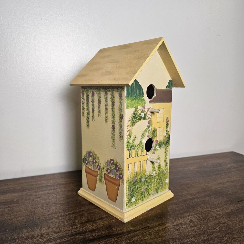 Hand-Painted Yellow Wooden Birdhouse Cottagecore Garden Decor Double Nesting